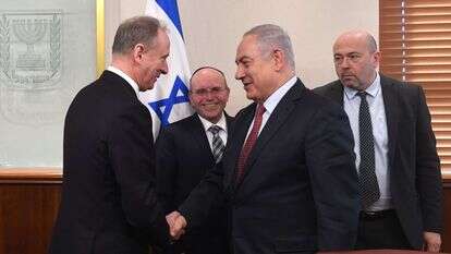 רה"מ בנימין נתניהו, ראש המל"ל בן שבת וראש המועצה הביטחונית הרוסית בפגישה בירושלים. | קובי גדעון, לע''מ