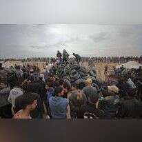 פלסטינים אוספים צמיגים בגבול עזה. | EPA