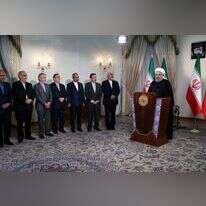 חסן רוחאני והבכירים האיראנים בהצהרה אחרי הודעת טראמפ על פרישה מהסכם הגרעין. | EPA