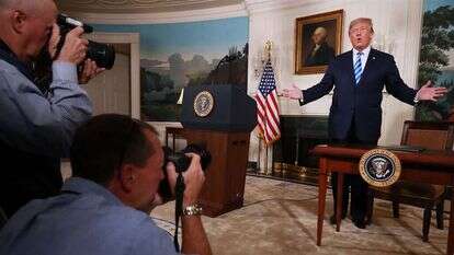 נשיא ארה"ב דונלד טראמפ מודיע על נסיגה מהסכם הגרעין עם איראן. | גטי אימג'ס