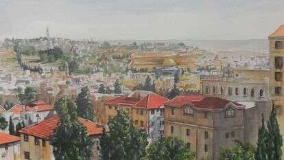 מזרח ירושלים במבט מלשכת ראש העיר, אלחנן יעקובוביץ, צבעי מים וגרפית על נייר, 2018