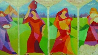 ארבע אמהות, בוקי לקס, ציור שמן בסגנון קוביסטי, 2012. מתוך הספר "נשים בתנ"ך בציור ושירה ואומר", שוקי ובוקי לקס