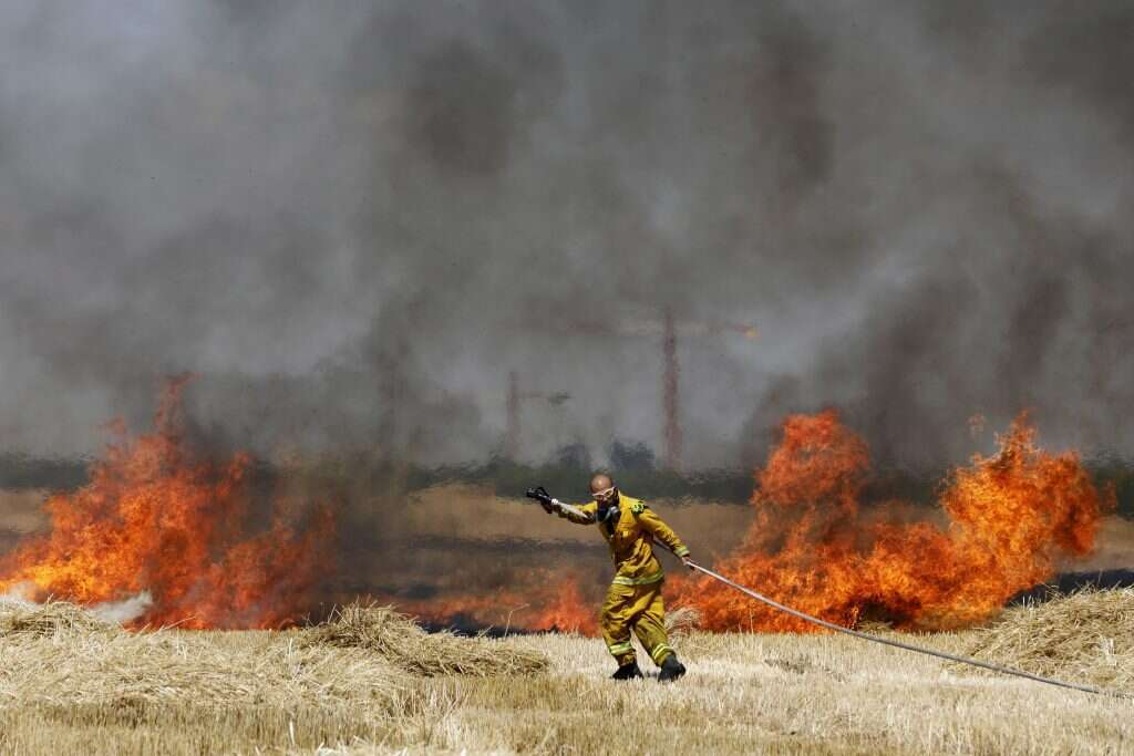 לוחם אש מכבה שריפה בשדה חיטה באזור עוטף עזה. | EPA