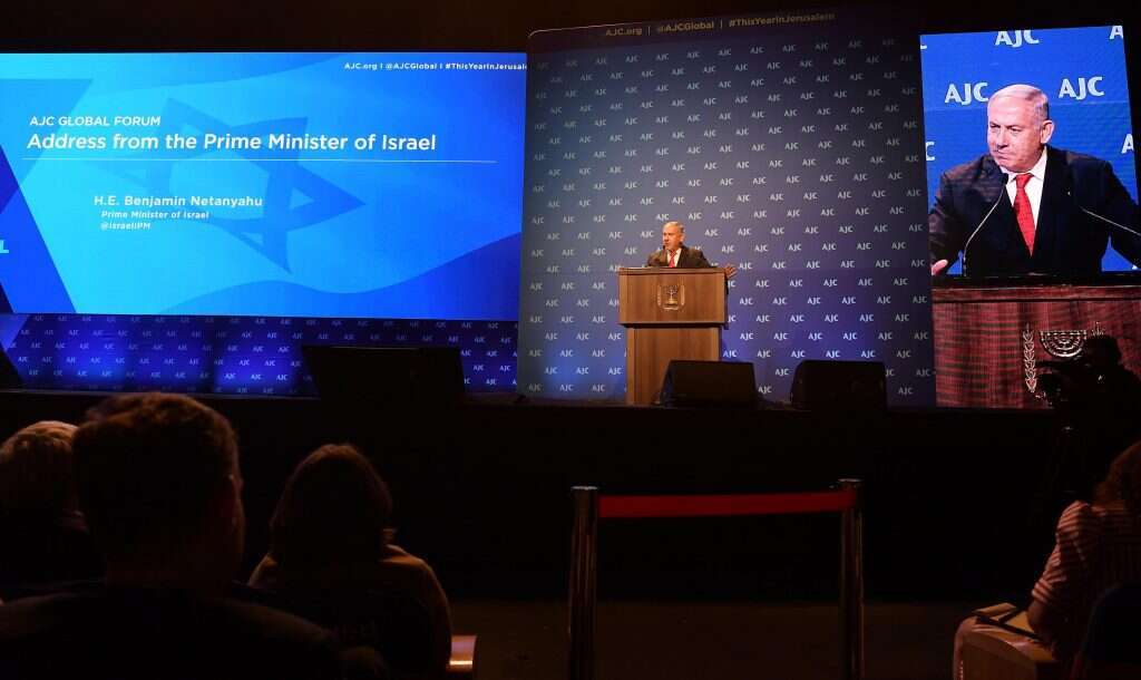 ראש הממשלה נתניהו נואם בפורום AJC. | עמוס בן גרשום לע"מ