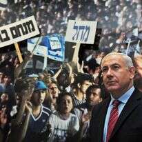 בנימין נתניהו על רקע תמונה מהפגנת הליכוד בעבר. | קובי גדעון, לע''מ