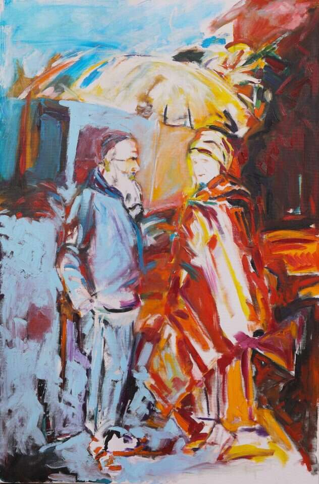 זוג עם מטרייה, הרב אילון תדהר אזולאי, שמן על בד, 2017