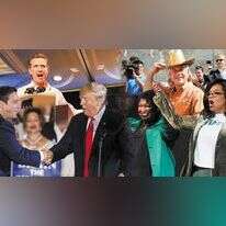 בכיוון השעון: גרג אבט, סטייסי אברמס ואופרה, רון דסנטיס וטראמפ, גאבין ניוסום. | AP, רויטרס, AFP