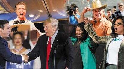 בכיוון השעון: גרג אבט, סטייסי אברמס ואופרה, רון דסנטיס וטראמפ, גאבין ניוסום. | AP, רויטרס, AFP