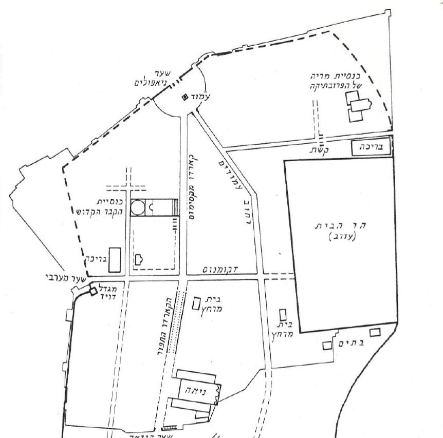 מפת ירושלים במאה השישית. הנתיב שבו הוסעו העמודים ההרודיאניים הוא מהר הבית, דרך רחוב הדקומונס (השלשלת) והקארדו, ועד כנסיית הניאה. איור: יהושע פלג