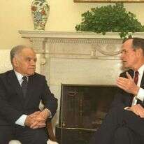 ג'ורג' בוש האב ויצחק שמיר בבית הלבן, 1989. | יעקב סער, לע"מ