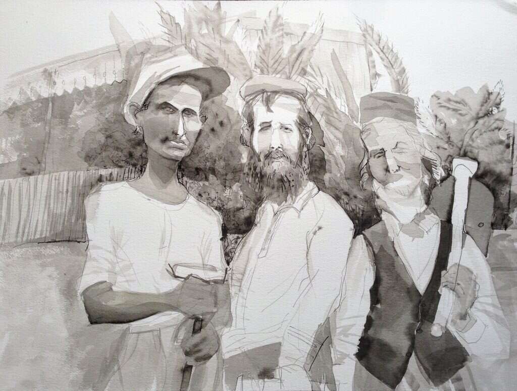 חנן מזל, שלושה דורות פועלי בניין, בני ברק 1928, דיו, 2018