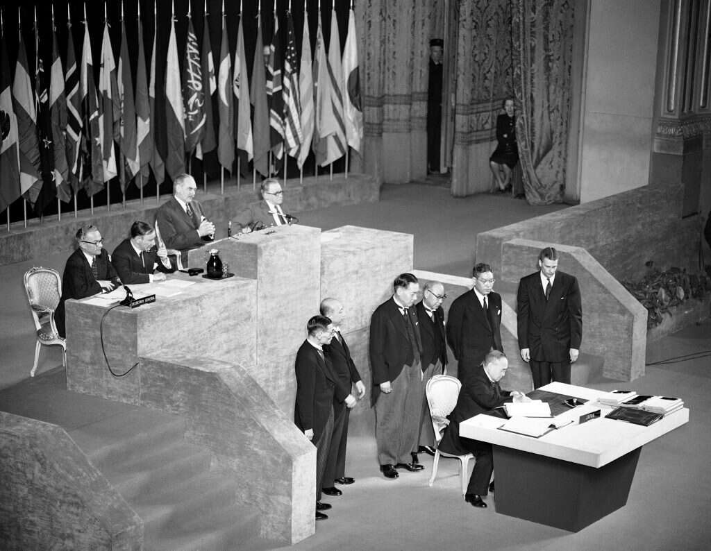 טקס חתימת הסכם השלום בין יפן לבעלות הברית, סן־פרנסיסקו, 1951. | AP