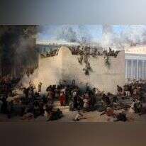 החרבת בית המקדש בירושלים של פרנצ'סקו אייץ. תיאור החורבן, השרפה והביזה של בית המקדש השני בידי חיילים רומאים. שמן על קנבס, ונציה 1867.