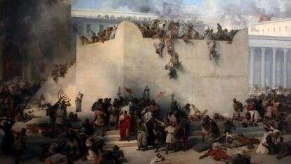 החרבת בית המקדש בירושלים של פרנצ'סקו אייץ. תיאור החורבן, השרפה והביזה של בית המקדש השני בידי חיילים רומאים. שמן על קנבס, ונציה 1867.