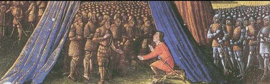 כניעת העיר ירושלים. בליאן מאיבלין לפני צלאח א-דין, מתוך ציור מהמאה ה-15 כניעת העיר ירושלים. בליאן מאיבלין לפני צלאח א-דין, מתוך ציור מהמאה ה-15