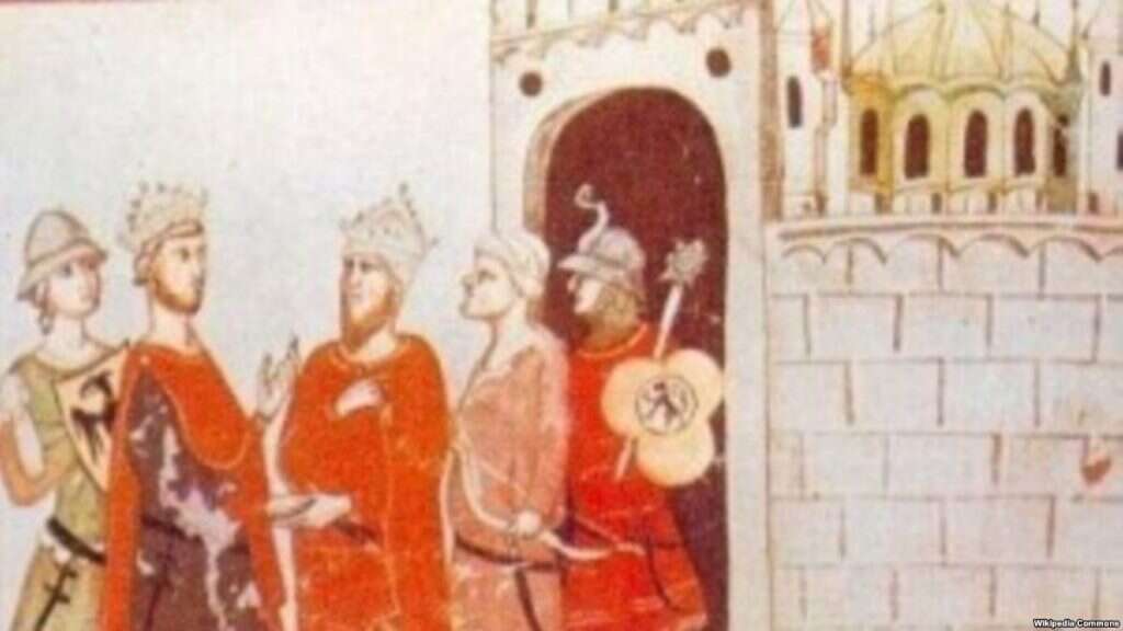 פרידריך השני והסולטאן המצרי אלמלך אלכאמל נפגשים ליד חומות ירושלים פרידריך השני והסולטאן המצרי אלמלך אלכאמל נפגשים ליד חומות ירושלים