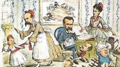 הקריקטורה אמורה להיות האמת בעולם שאיבד מעט את הכיוון. קריקטורה מתוך המגזין הסטירי לה פלאצה, שנת 1873. איור: תומאס פאדרו