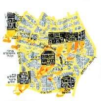 מקומו של בית המדרש בקהילת המוצא
איור: נטע שלם סוקולובסקי, מפת מאה שערים, 2018, טכניקה מעורבת מקומו של בית המדרש בקהילת המוצא
איור: נטע שלם סוקולובסקי, מפת מאה שערים, 2018, טכניקה מעורבת