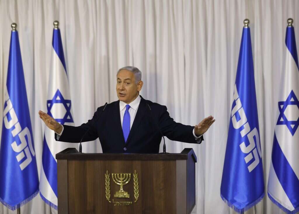 נתניהו בנאומו. | AFP נתניהו בנאומו. | AFP