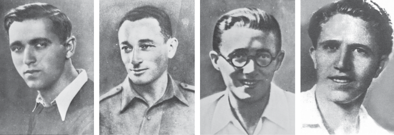 עולי הגרדום: מרדכי אלקחי, יחיאל דרזנר, דב גרונר ואליעזר קשאני. | לע"מ