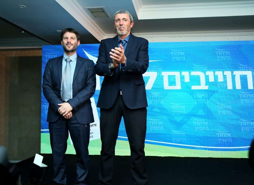 הרב רפי פרץ ובצלאל סמוטריץ בהשקת קמפיין הבחירות של איחוד מפלגות הימין. | מירי שמענוביץ