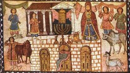 אהרן ובניו הכהנים, פאנל WB2, בית הכנסת בדורא אירופוס, 245 לספירה. | זאב רדובן