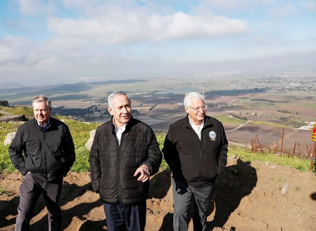 נתניהו עם הסנטור לינדזי גרהאם והשגריר פרידמן ברמת הגולן, השבוע. | AFP