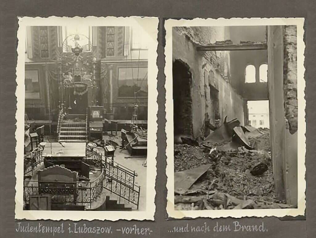 הצלם היה הנאצי שהחריב את המקום בפיצוץ. בית הכנסת בלובצ'וב לפני ההרס ואחריו