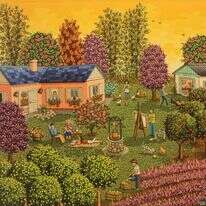 לטובתך - אל תחשוב רק על טובתך. לאורה וידרה, שקיעה רוגעת, אקריליק על בד. ארגנטינה, 2018. מתוך תערוכה המוצגת בגלריה
ג'ינא לאמנות נאיבית בת"א