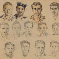 בלום החל לצבוע את רישומי הפורטרטים אבל נעצר בהגיעו לצביעת הרישום של בנו אלי (שני מימין בשורה התחתונה). לודוויג בלום, דיוקנאות 13 הנופלים בגשר א-זיב, עיפרון וצבע מים על נייר. 1947. באדיבות אוסף קרן לוין לאמנות