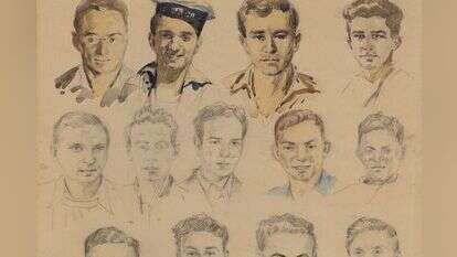 בלום החל לצבוע את רישומי הפורטרטים אבל נעצר בהגיעו לצביעת הרישום של בנו אלי (שני מימין בשורה התחתונה). לודוויג בלום, דיוקנאות 13 הנופלים בגשר א-זיב, עיפרון וצבע מים על נייר. 1947. באדיבות אוסף קרן לוין לאמנות