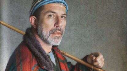 ציור: דוד ניפו, דיוקן עצמי בתור דייג, פסטל על נייר מעובד, 2015