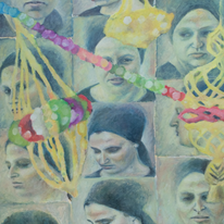 המטרה המרכזית היא להציף את העוול ולהזהיר משאריות חבויות שלו. איור: נעמי טנהאוזר, סוכות, שמן על בד, 2018. מתוך התערוכה "עזרת נשים", שהוצגה בגלריית המקלט בירושלים