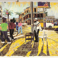 אם יש לעם היהודי ייעוד או מטרה - כיצד היא ממומשת בביתו הלאומי? ציור: הילה קרבלניקוב, רחוב שיינקין, מסקיינטייפ וטפטים, 2005. מתוך כתב העת "קול שירה באישה" בהוצאת גלריית המקלט