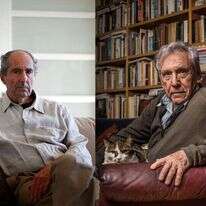 הסופר עמוס עוז והסופר פיליפ רות. צילומים: אריק סולטן, רויטרס