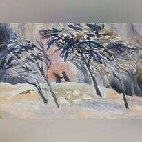 חווה חוויות בראשיתיות של טבע שלגי. ציור: חנה נוסבוים, ערב פרידה. צבעי שמן, 2017