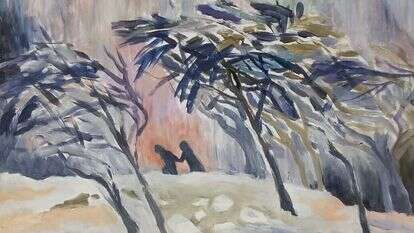 חווה חוויות בראשיתיות של טבע שלגי. ציור: חנה נוסבוים, ערב פרידה. צבעי שמן, 2017