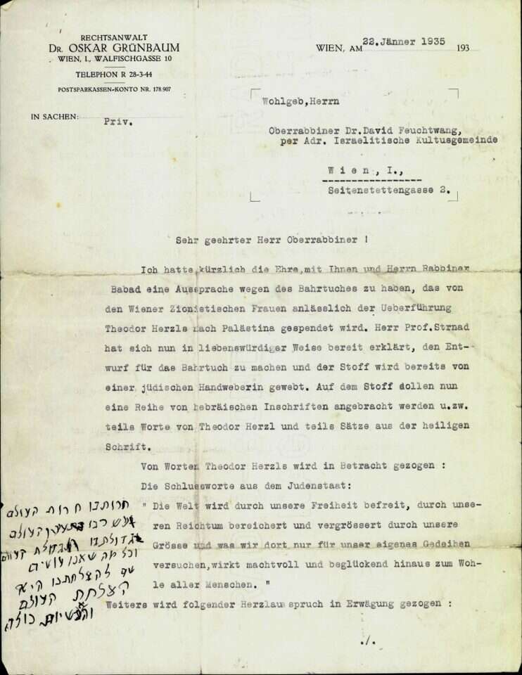 מסמך המגבה את שחזור הפרוכת. | מרכז הרצל - ההסתדרות הציונית העולמית