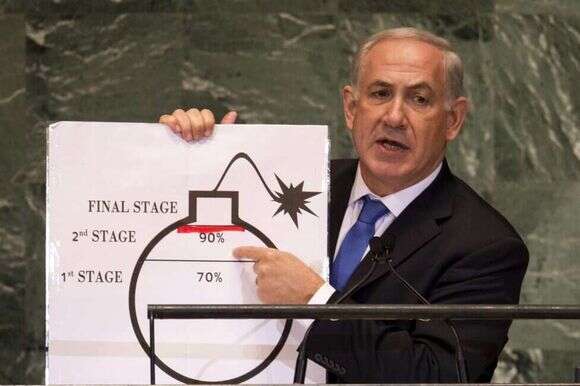 ראש הממשלה נתניהו ותרשים הפצצה באו"ם | AFP