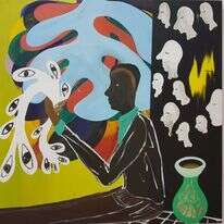 מציג דמויות מזרחיות מחוץ לבור ללא תחתית של פוליטיקת הזהויות בישראל. ציור: שי אזולאי, Afro buzz ,2018. מתוך התערוכה "אנוכי במזרח" שהוצגה במרכז צימבליסטה למורשת היהדות בשיתוף הביאנלה של ירושלים