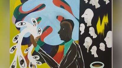 מציג דמויות מזרחיות מחוץ לבור ללא תחתית של פוליטיקת הזהויות בישראל. ציור: שי אזולאי, Afro buzz ,2018. מתוך התערוכה "אנוכי במזרח" שהוצגה במרכז צימבליסטה למורשת היהדות בשיתוף הביאנלה של ירושלים