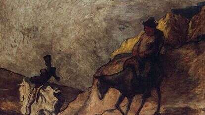 סנצ'ו פנסה מסרב לאכול מהצלחת המשותפת ומעדיף את כליו האישיים - זהו הרגע שבו נוצר ה'אני'. ציור: אונורה דומייה, דון קישוט וסנ'צו פנסה, 1866. | גטי אימג'ס