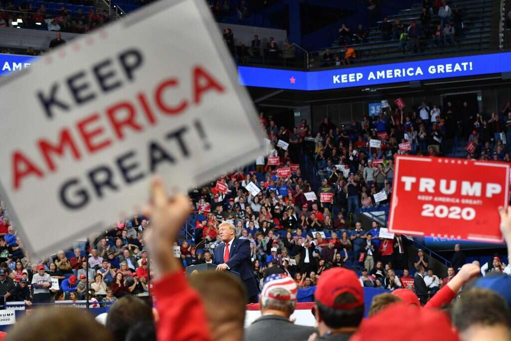 טראמפ נואם במהלך מפגן תמיכה שנערך בקנטקי. | AFP
