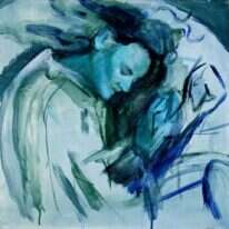 "שרנו בתחנונים, ברגש. התפללנו בלהט של אמונה, בקול מרטיט נוגע ללב". יוליה ארונסון, "כחולמים", אקריליק על בד, 2017 . | יוליה ארונסון. הוצג בתערוכה "שלום בית" בגלריה סטודיו משלך