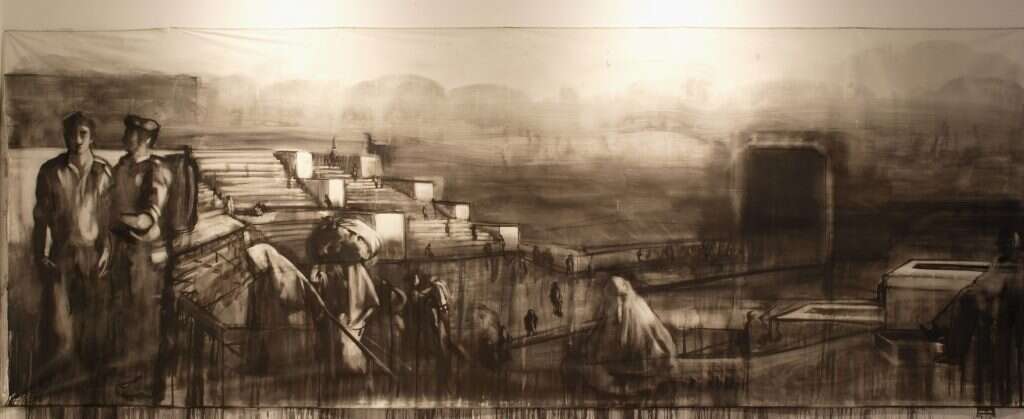 רצון לקשר את הקוראים לגדולה של הציונות. מידד אליהו, "שער", דיו על קנבס, 2011 . מתוך התערוכה "יד ראשונה מנביא" בגלריה עזריאלי של המכללה האקדמית הדסה