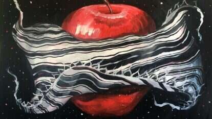 האמונה הדתית מנחילה לציבור את התודעה שערכים דתיים הם חלק ממארג הזהות הלאומית שאינו ניתן לפשרה. יונתן סטירין, ללא כותרת, טכניקה מעורבת על בד, מתוך סדרת Souvenirs