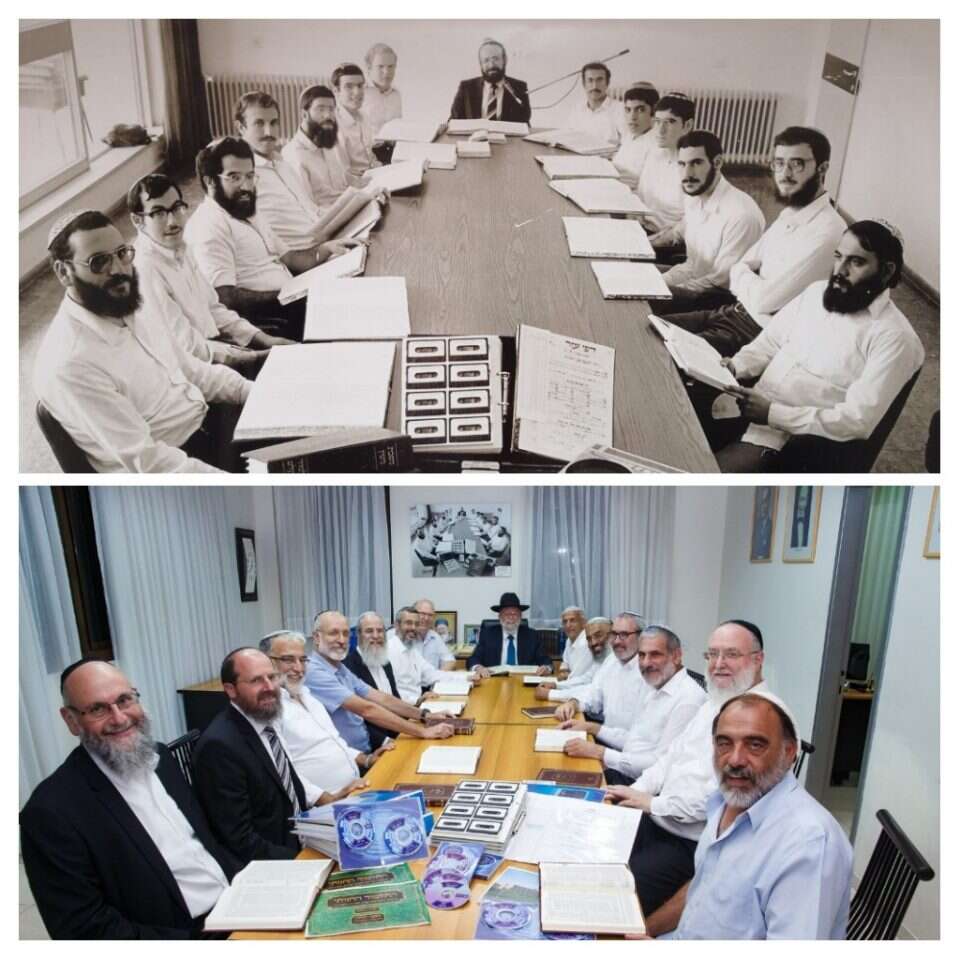 הרב שבתי סבתו (במרכז) עם תלמידיו בחבורת הש"ס שהיוו את הגרעין הראשון לישיבה. למטה: שחזור התמונה לאחרונה. | יעקב אפללו, ישיבת מצפה יריחו