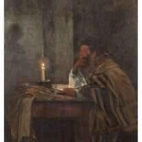 באחת הקהילות הקטנות הייתה מריבה ונאסר בנדר על אחד מחברי הקהילה להיכנס לבית הכנסת שמואל הירשנברג, "המתפלל האחרון", 1897. | באדיבות אוסף המשכן לאמנות, עין חרוד