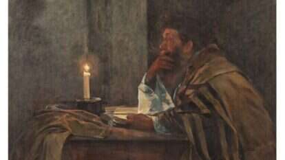 באחת הקהילות הקטנות הייתה מריבה ונאסר בנדר על אחד מחברי הקהילה להיכנס לבית הכנסת שמואל הירשנברג, "המתפלל האחרון", 1897. | באדיבות אוסף המשכן לאמנות, עין חרוד