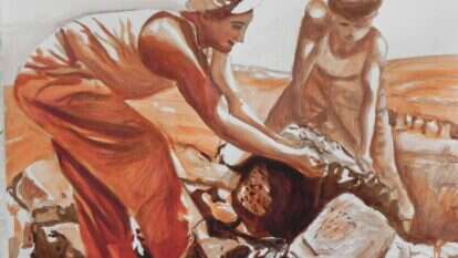 סיפורו של החלוץ שעזב את בית הוריו לטובת מעדר, מוצב לצד סיפורו של רבי אליעזר שעזב לטובת לימוד התורה. אלחנן יעקובוביץ, 'סיקול אבנים בכפר עציון 1943 ', 2016 סיפורו של החלוץ שעזב את בית הוריו לטובת מעדר, מוצב לצד סיפורו של רבי אליעזר שעזב לטובת לימוד התורה. אלחנן יעקובוביץ, 'סיקול אבנים בכפר עציון 1943 ', 2016